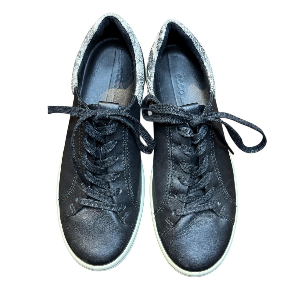 ECCO Biom Shoes Womens Size 6.5 Black Leather Lace Up Snake Print‎ Sneakers